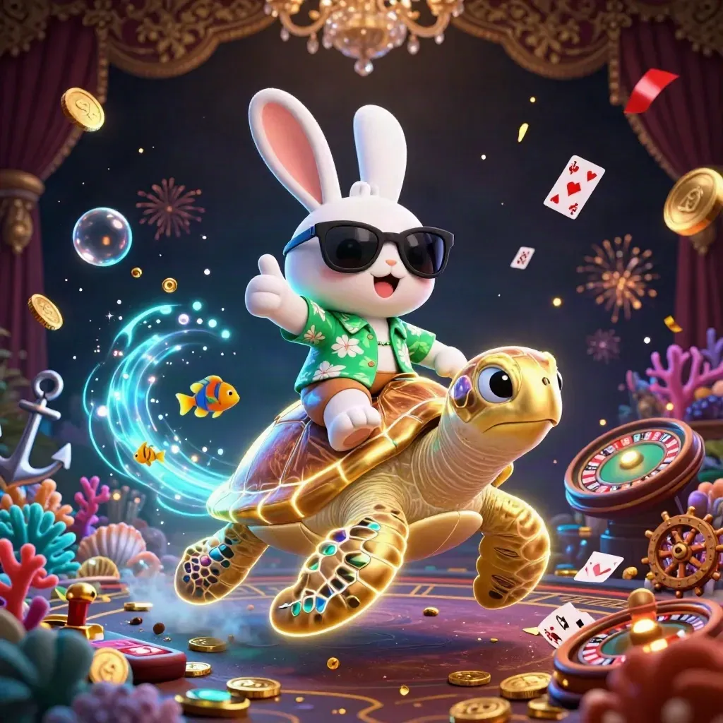 Lucky rabbit on a jeweled sea turtle amid treasure, cards, and casino glow.