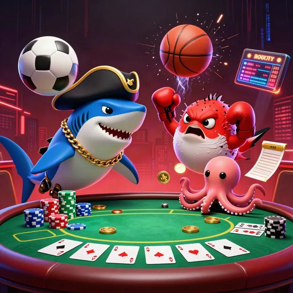 Shark pirate, pufferfish boxer, and octopus amid casino chips and flying sports balls.