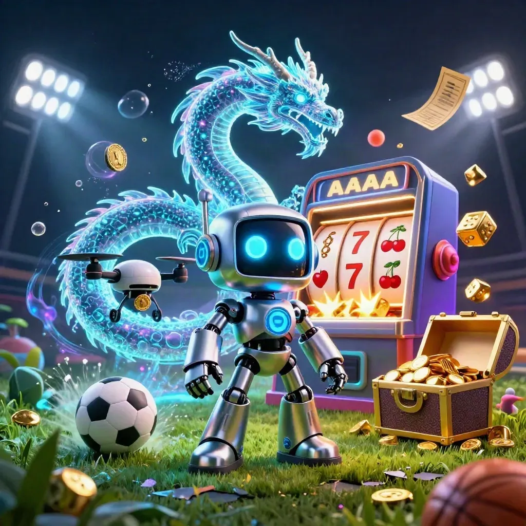 Cyberpunk robot, holographic dragon and coin drone amid exploding slot symbols, balls, gold and neon light.