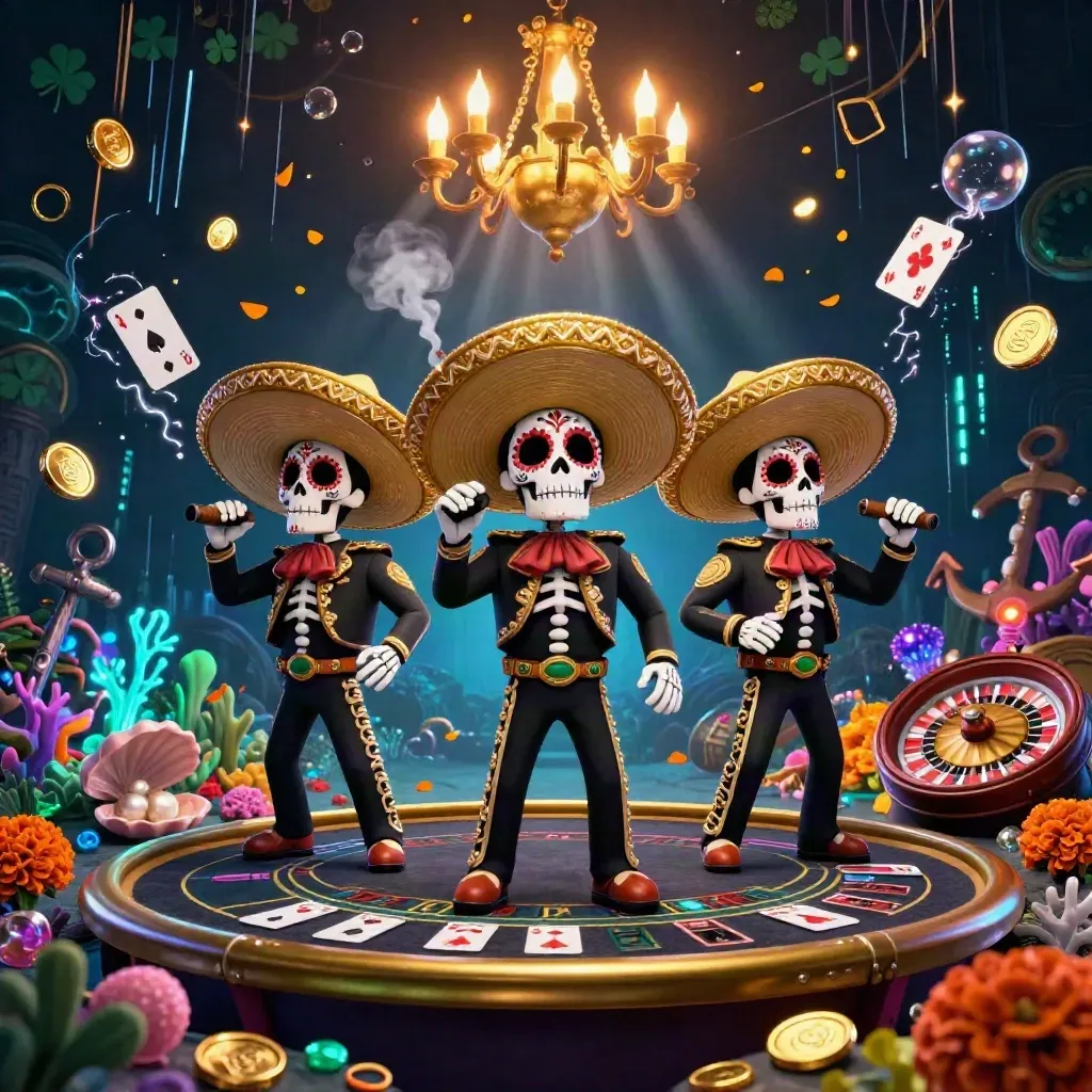Mariachi skeleton trio in a glowing casino treasure cove with neon effects