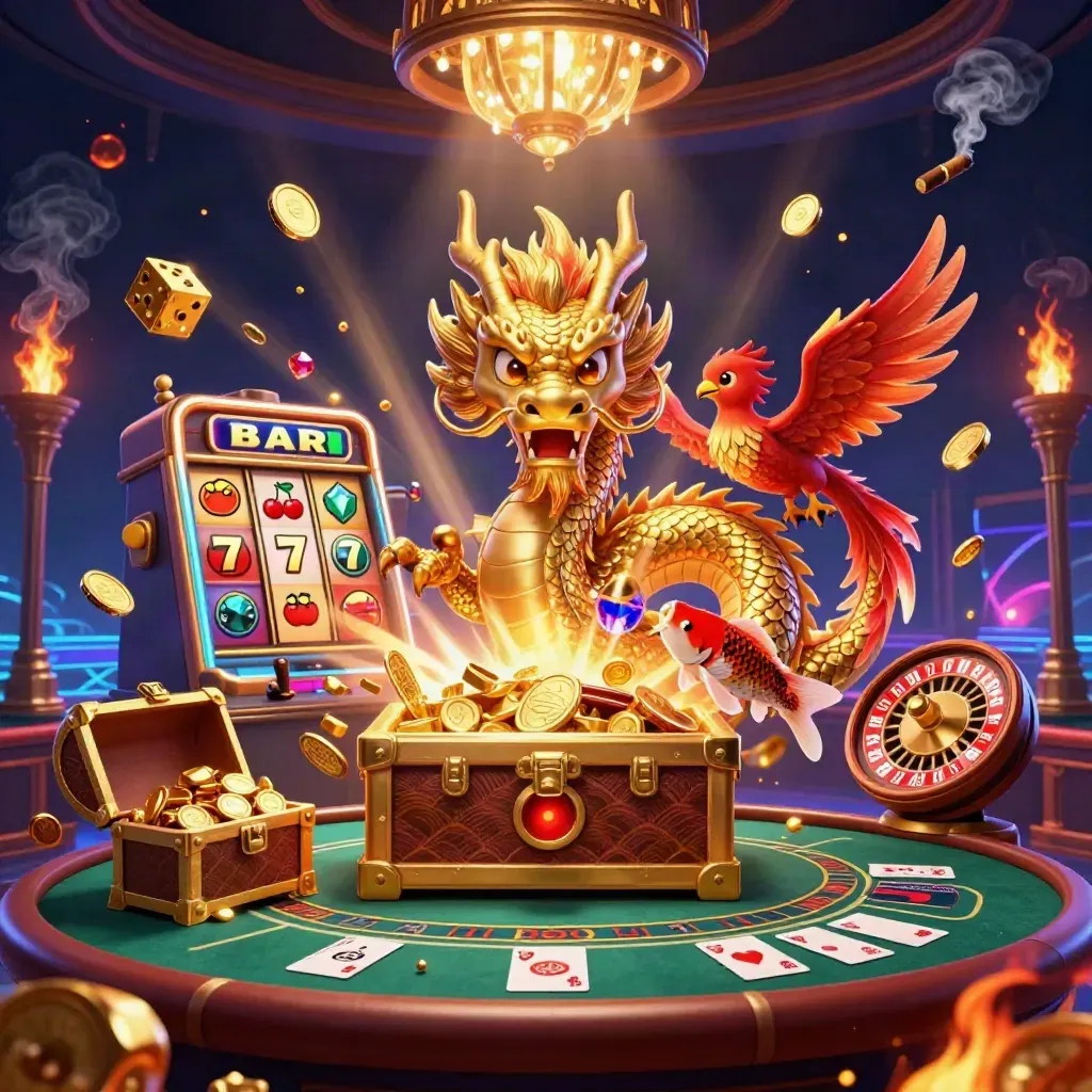Golden dragon, phoenix, koi and casino symbols in a neon treasure room.