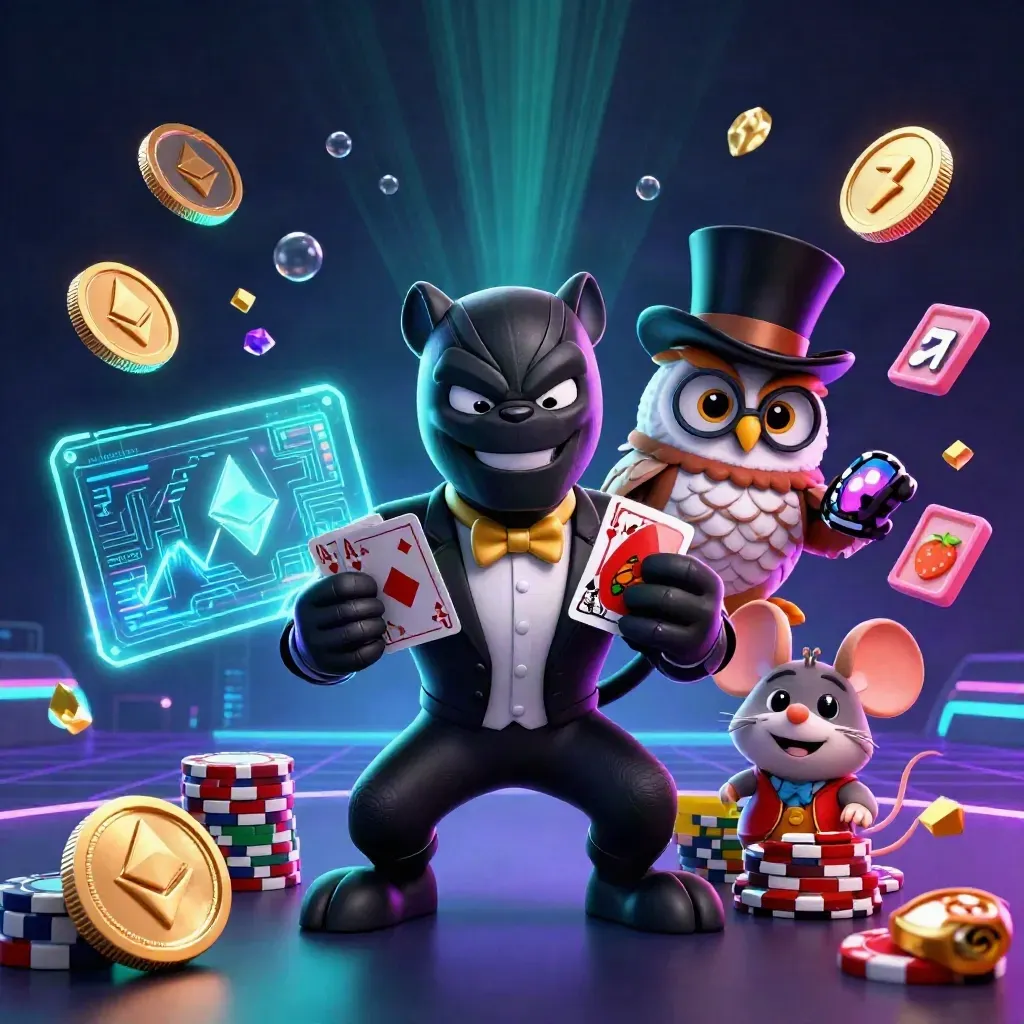 Panther, owl, and mouse casino heroes amid coins, chips, neon tech bursts, and treasure shards.