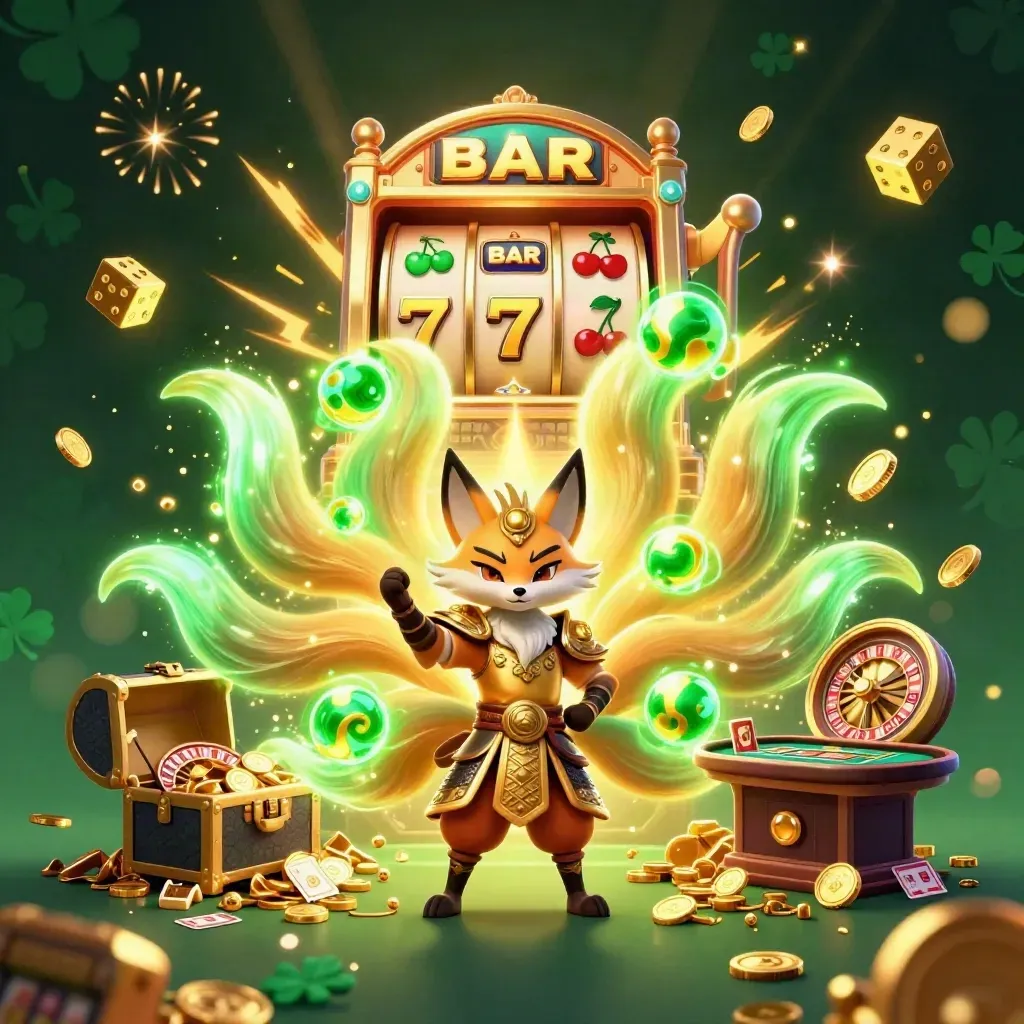 Nine-tailed fox spirit and armored mouse amid exploding slot machine, coins, and casino treasures.
