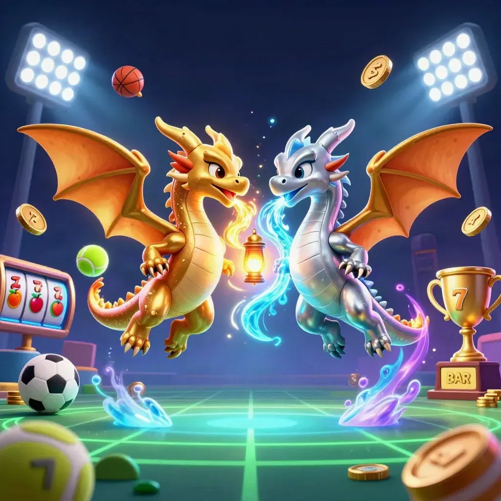 Twin gold and silver dragons form a yin-yang with a lantern spirit and casino sparks.